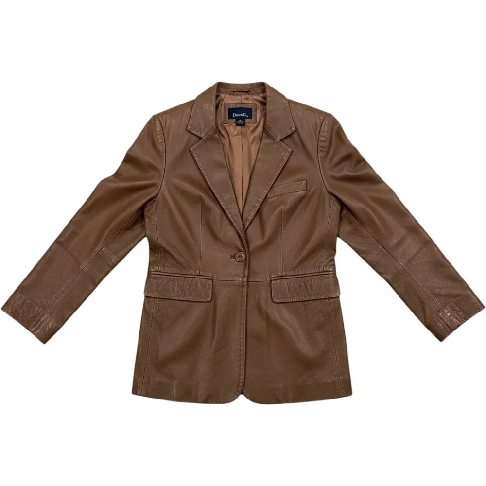 Vintage Denim & Co Leather Blazer Women Small Brown Minimalist Dark Academia